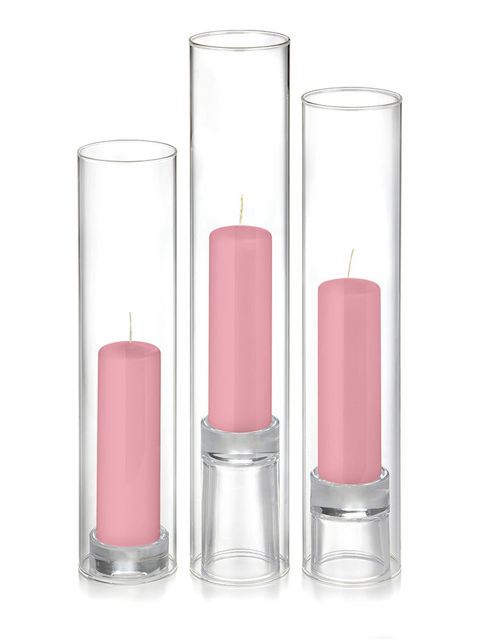 12 Slim Pillar Candles, 12 Glass Chimneys and 12 Glass Pillar Holders