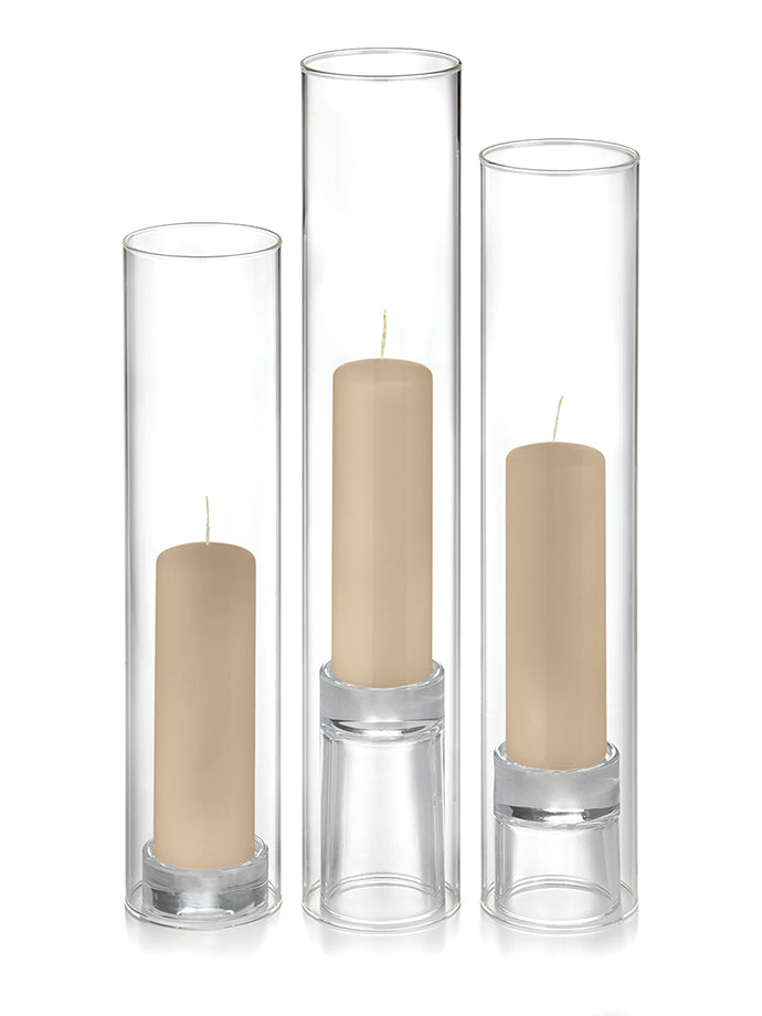 12 Slim Pillar Candles, 12 Glass Chimneys and 12 Glass Pillar Holders