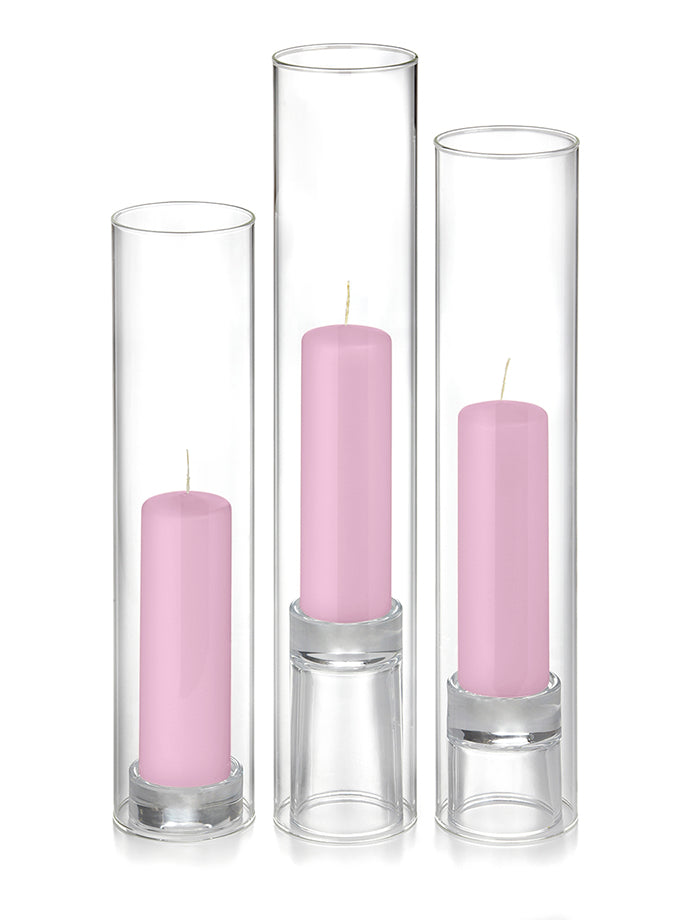 12 Slim Pillar Candles, 12 Glass Chimneys and 12 Glass Pillar Holders