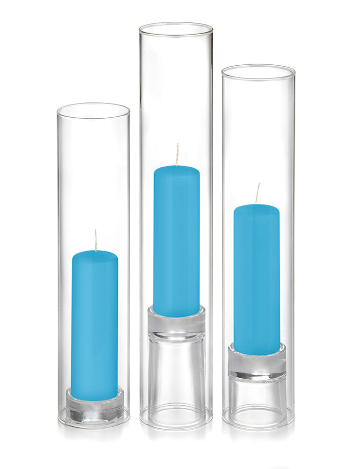 12 Slim Pillar Candles, 12 Glass Chimneys and 12 Glass Pillar Holders