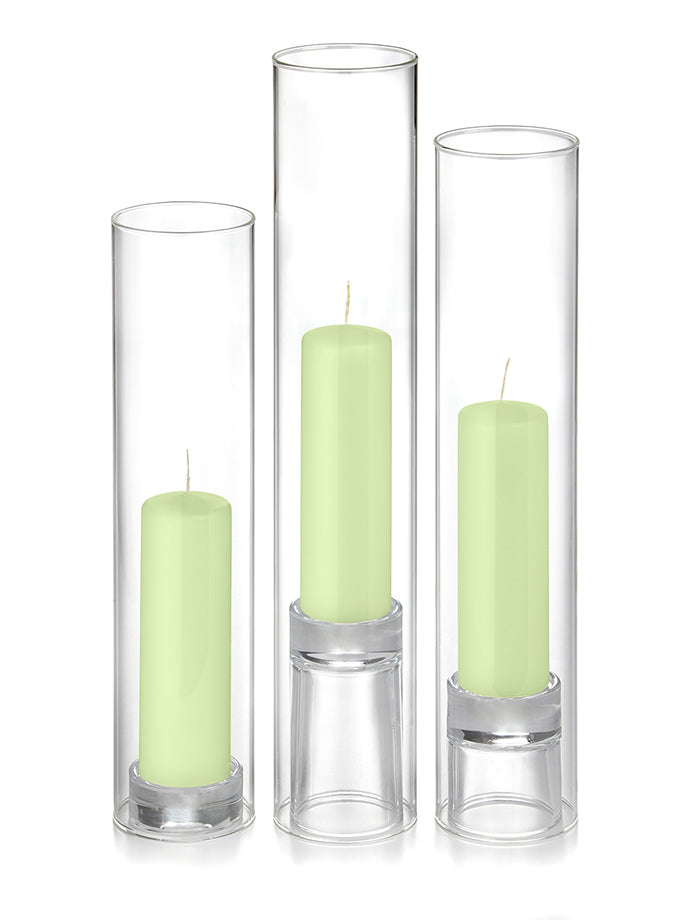 12 Slim Pillar Candles, 12 Glass Chimneys and 12 Glass Pillar Holders