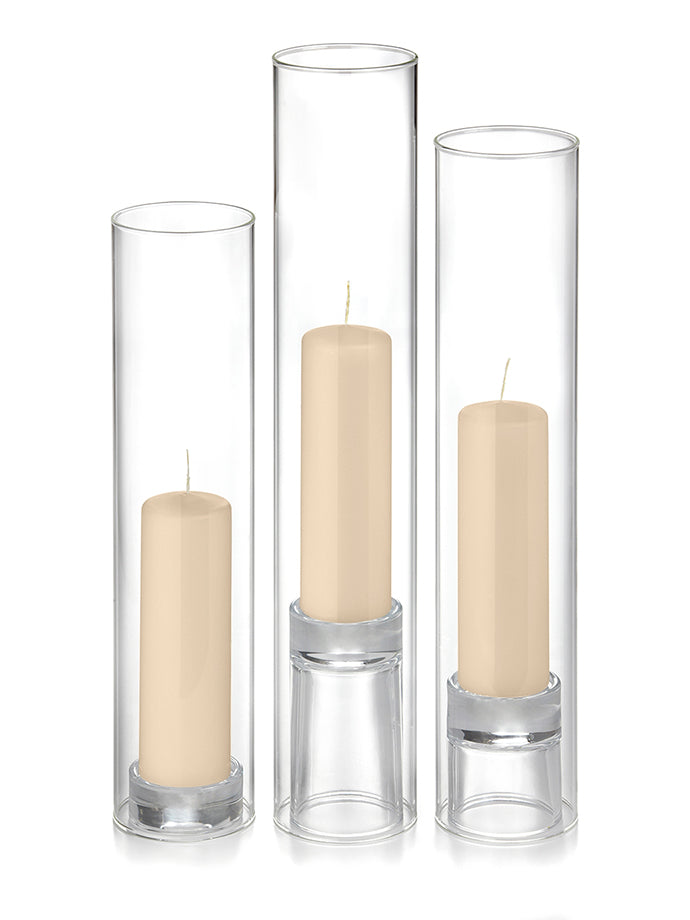 12 Slim Pillar Candles, 12 Glass Chimneys and 12 Glass Pillar Holders