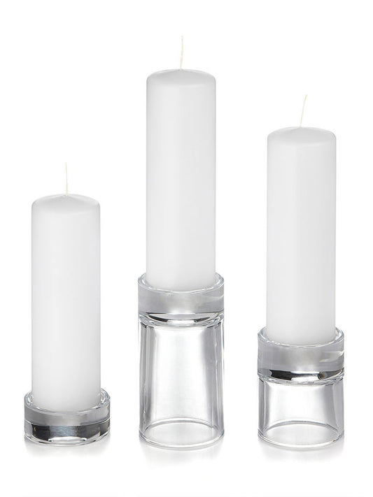 12 Slim Pillar Candles and 12 Glass Pillar Holders