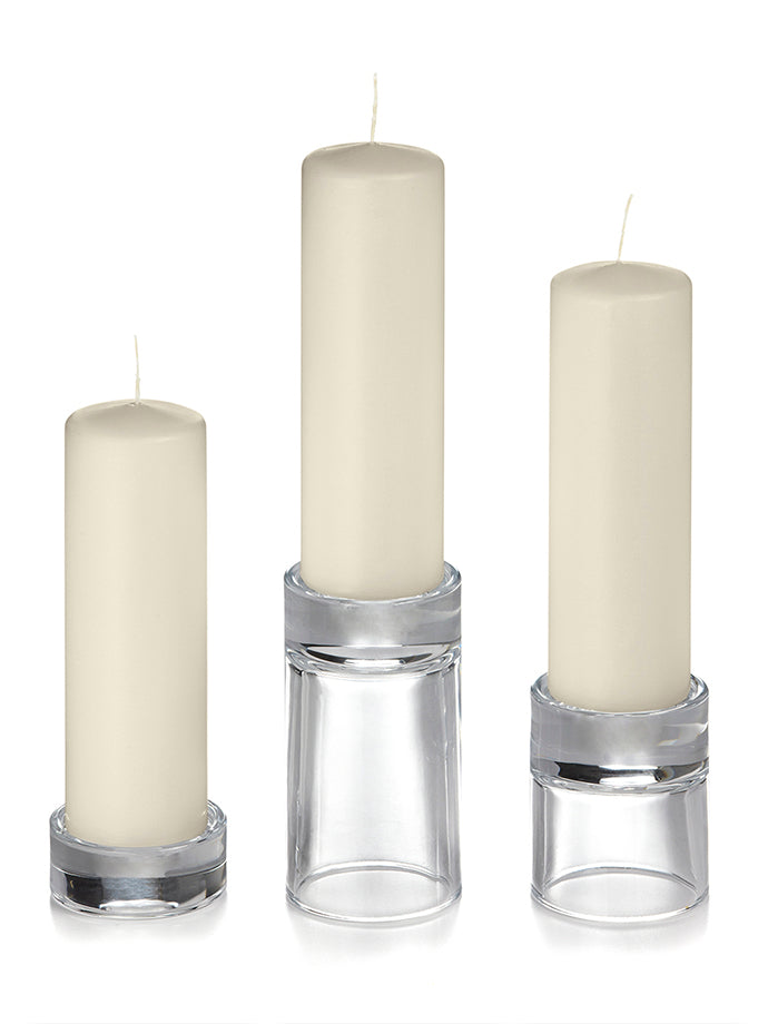 12 Slim Pillar Candles and 12 Glass Pillar Holders