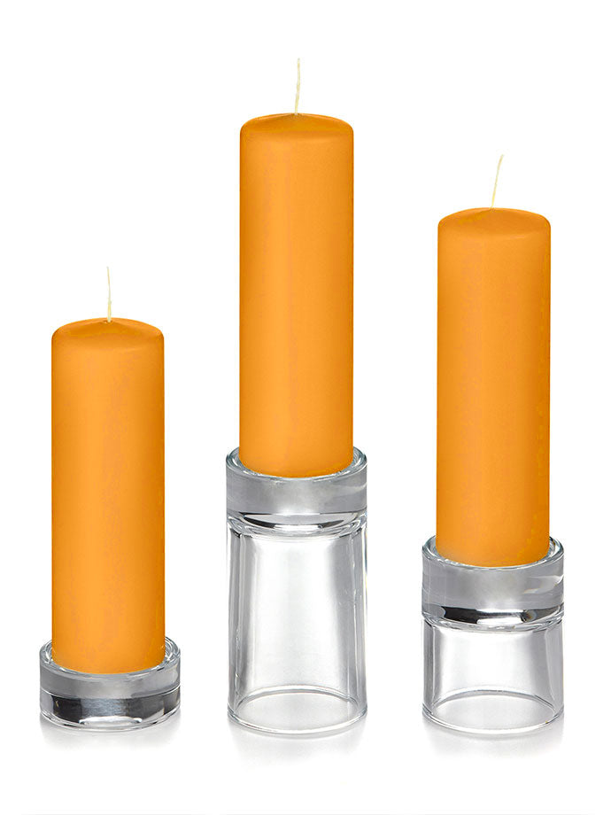 12 Slim Pillar Candles, 12 Glass Chimneys and 12 Glass Pillar Holders