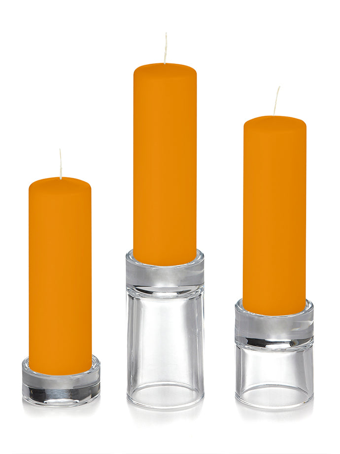 12 Slim Pillar Candles and 12 Glass Pillar Holders