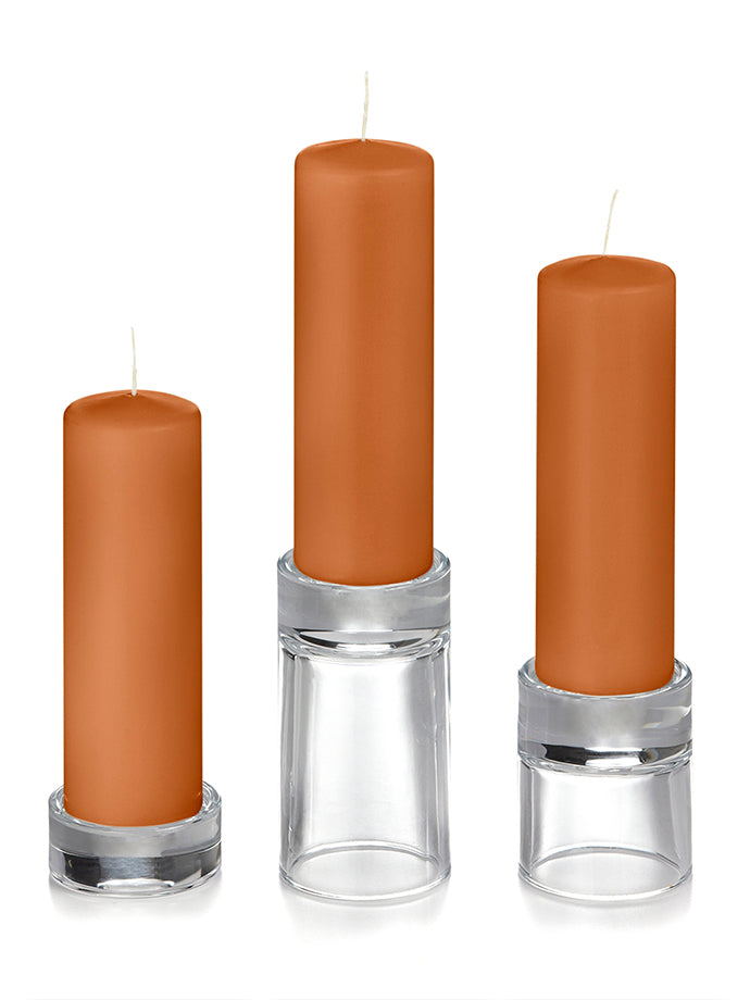 12 Slim Pillar Candles and 12 Glass Pillar Holders