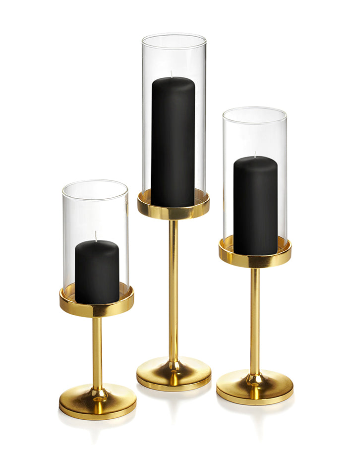 12 Slim Pillar Candles, 12 Cylinder Vases and 12 Gold Vevo Pedestals