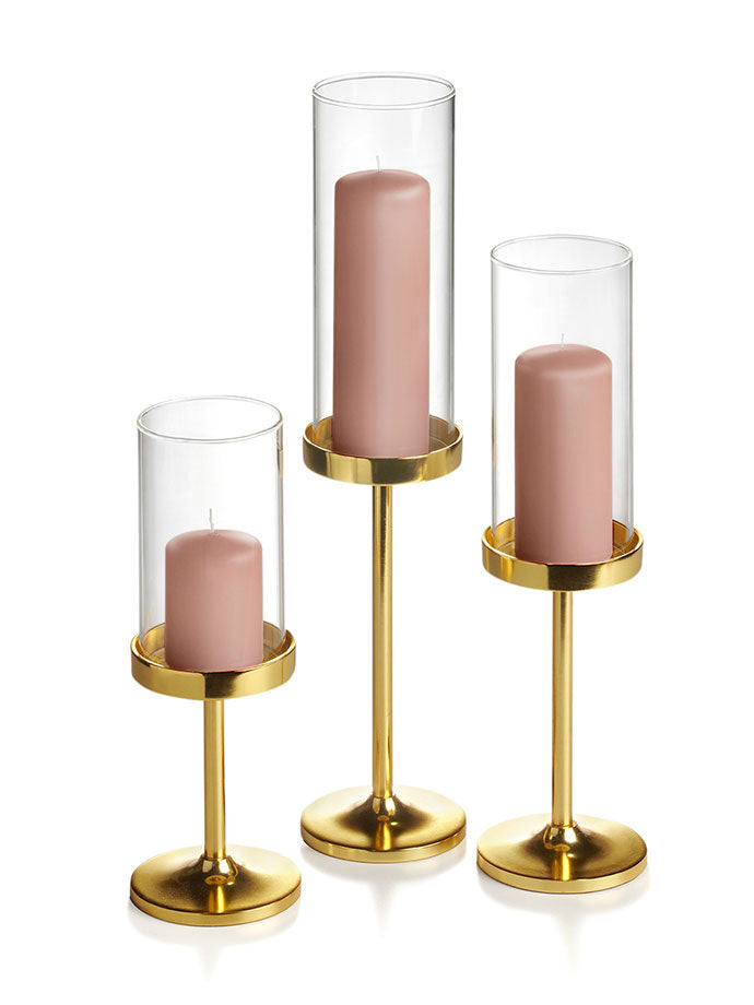 12 Slim Pillar Candles, 12 Cylinder Vases and 12 Gold Vevo Pedestals