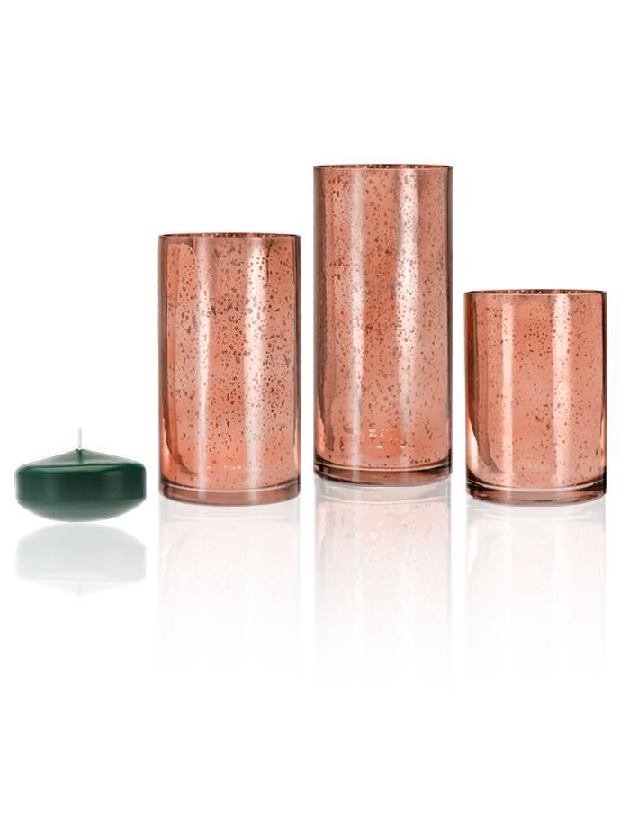 3" Floating Candles and Rose Gold Metallic Cylinders Hunter Green