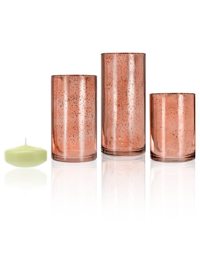 3" Floating Candles and Rose Gold Metallic Cylinders Celery Green