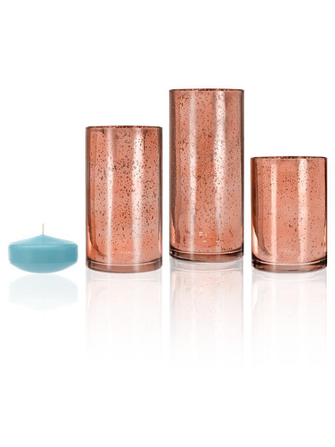 3" Floating Candles and Rose Gold Metallic Cylinders Robin Egg Blue