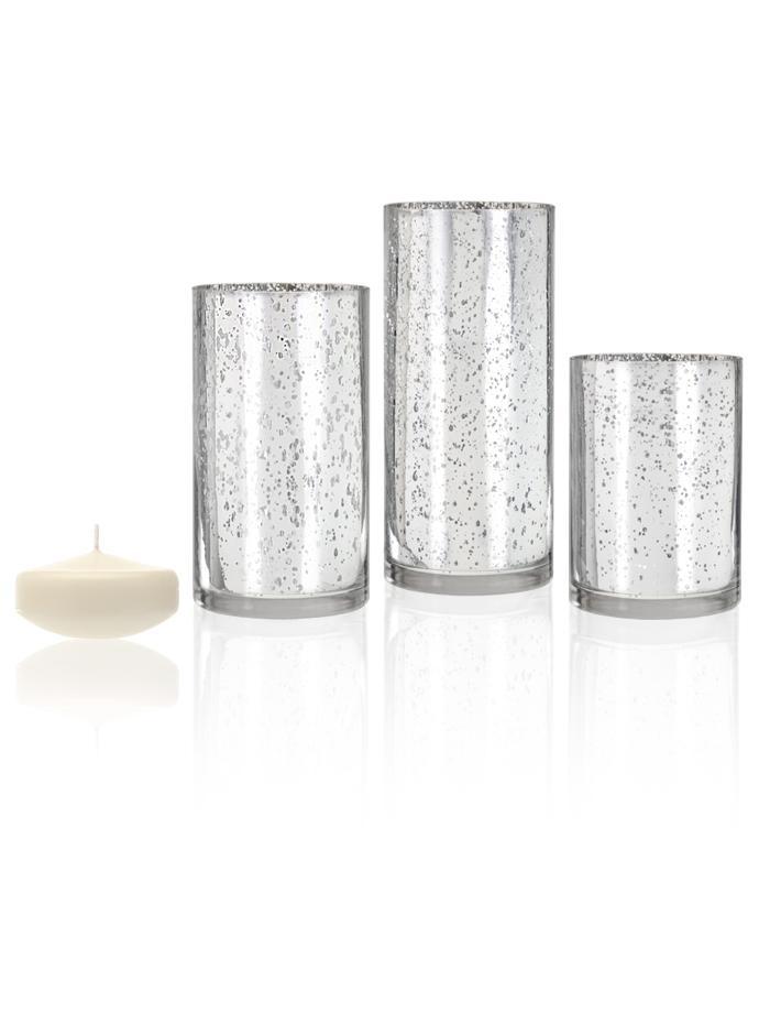 3" Floating Candles and Silver Metallic Cylinders Ivory