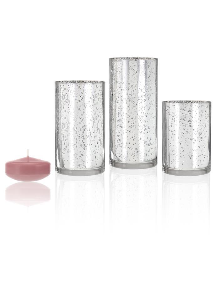 3" Floating Candles and Silver Metallic Cylinders Light Rose