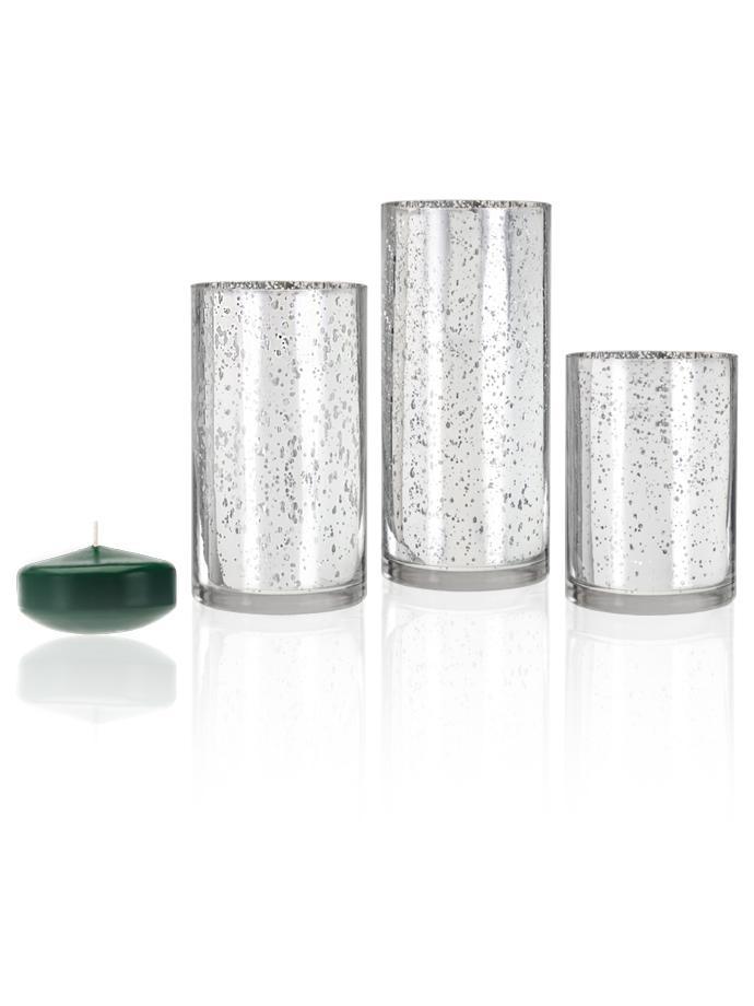 3" Floating Candles and Silver Metallic Cylinders Hunter Green