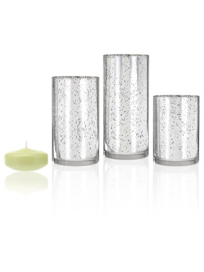 3" Floating Candles and Silver Metallic Cylinders Celery Green