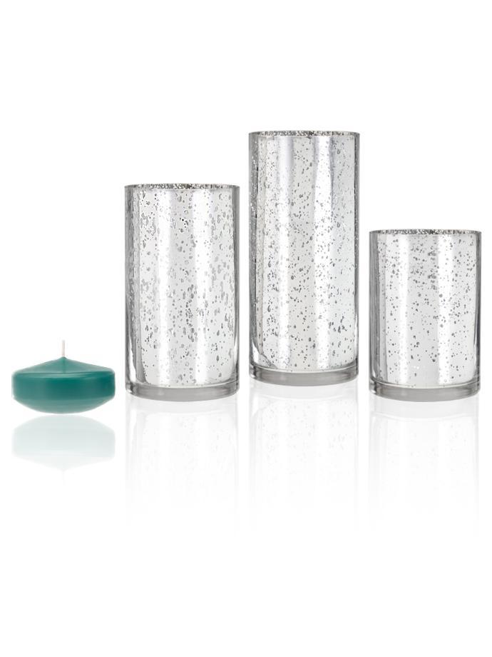 3" Floating Candles and Silver Metallic Cylinders Aqua Green