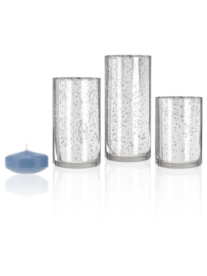 3" Floating Candles and Silver Metallic Cylinders Periwinkle Blue