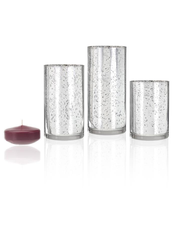 3" Floating Candles and Silver Metallic Cylinders Raspberry