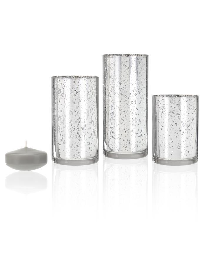 3" Floating Candles and Silver Metallic Cylinders Light Gray