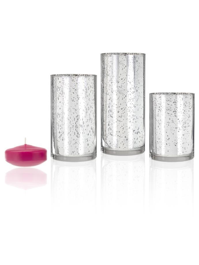 3" Floating Candles and Silver Metallic Cylinders Hot Pink