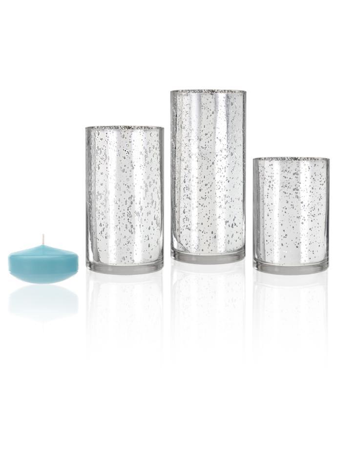 3" Floating Candles and Silver Metallic Cylinders Robin Egg Blue