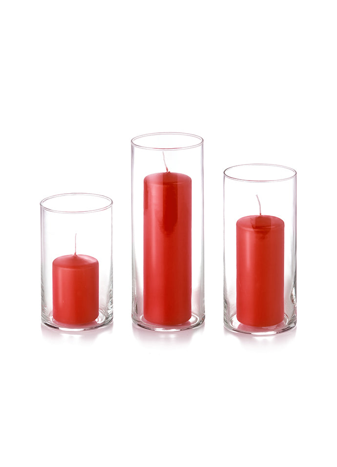 12 Slim Pillar Candles and Cylinder Vases