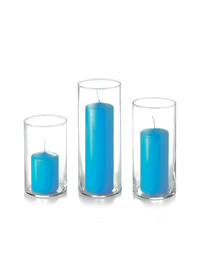 12 Slim Pillar Candles and Cylinder Vases