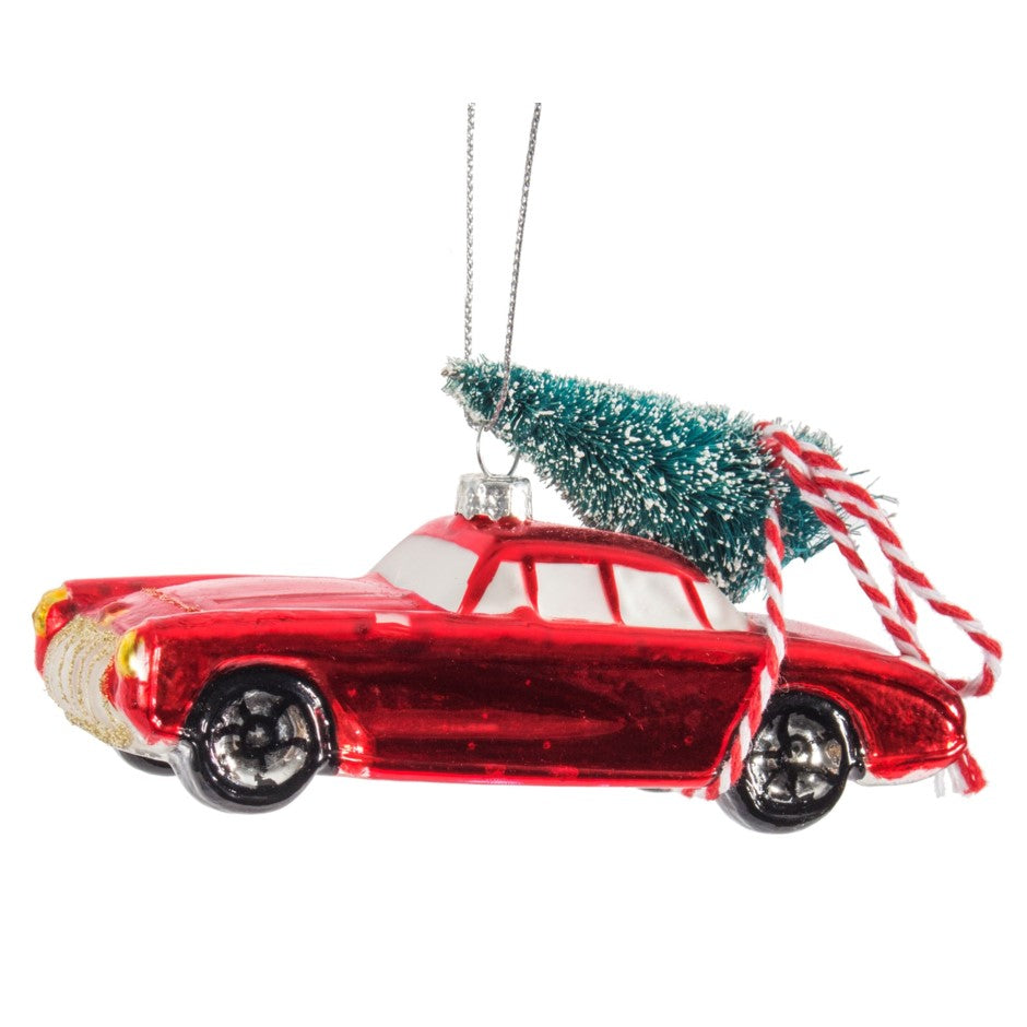 ORN-RED CAR W- TREE 5in