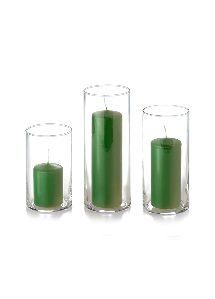 12 Slim Pillar Candles and Cylinder Vases