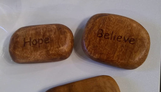 3" Round Acacia Wood Stone - Word, each