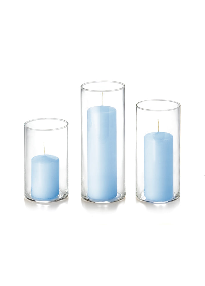 12 Slim Pillar Candles and Cylinder Vases