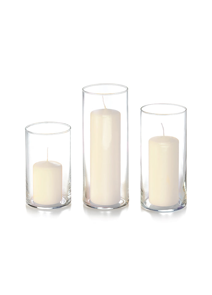 12 Slim Pillar Candles and Cylinder Vases