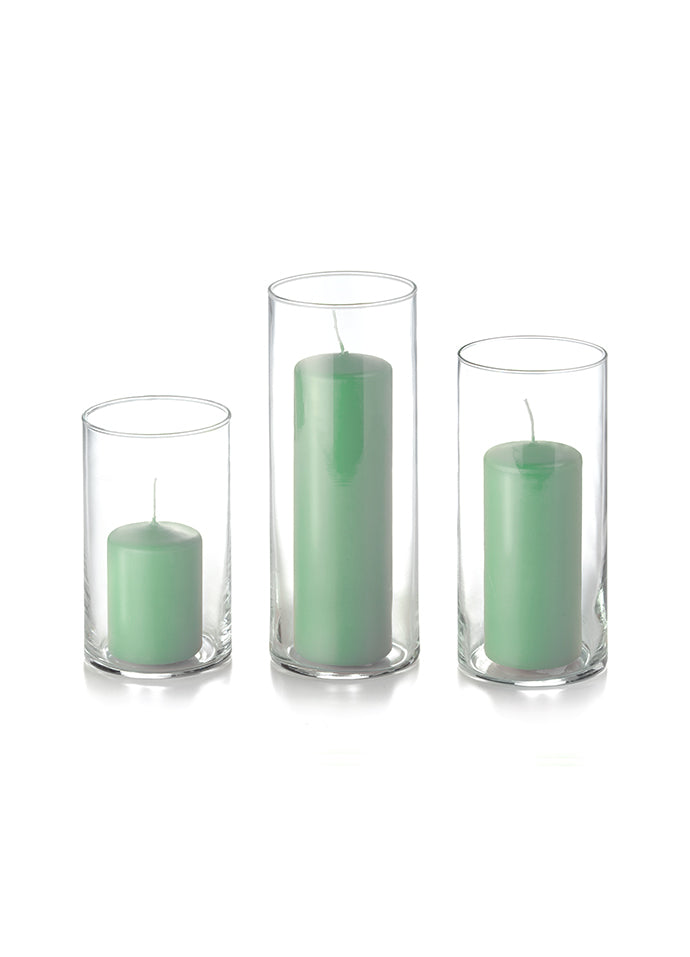 12 Slim Pillar Candles and Cylinder Vases