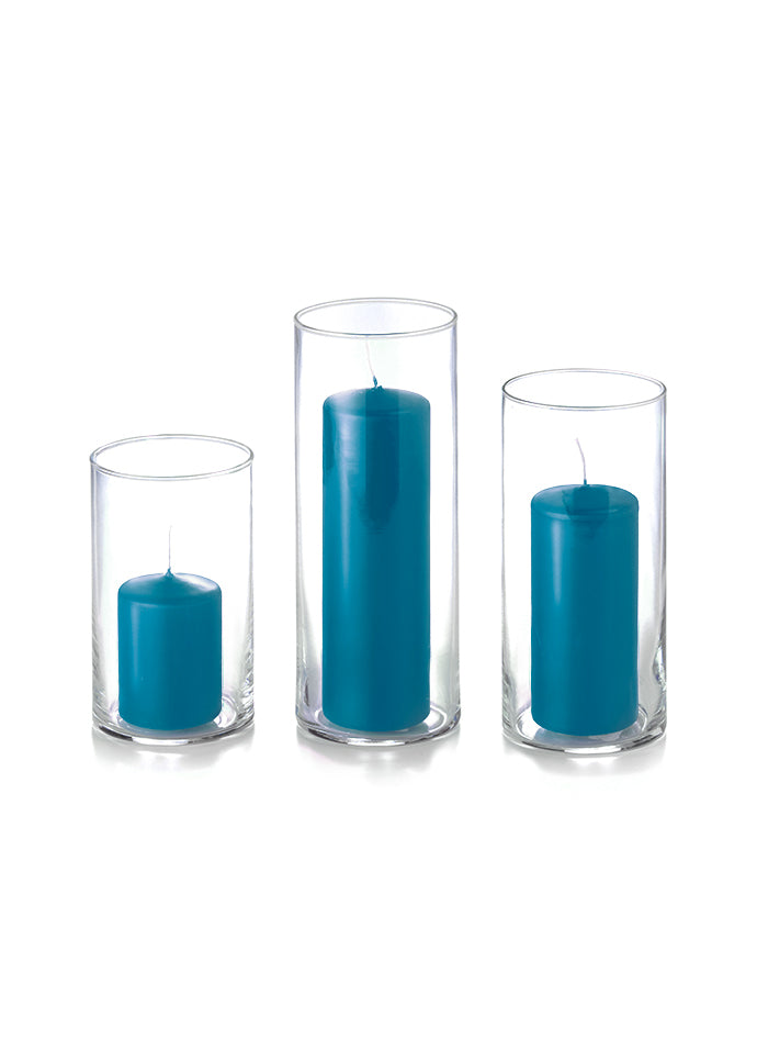 12 Slim Pillar Candles and Cylinder Vases