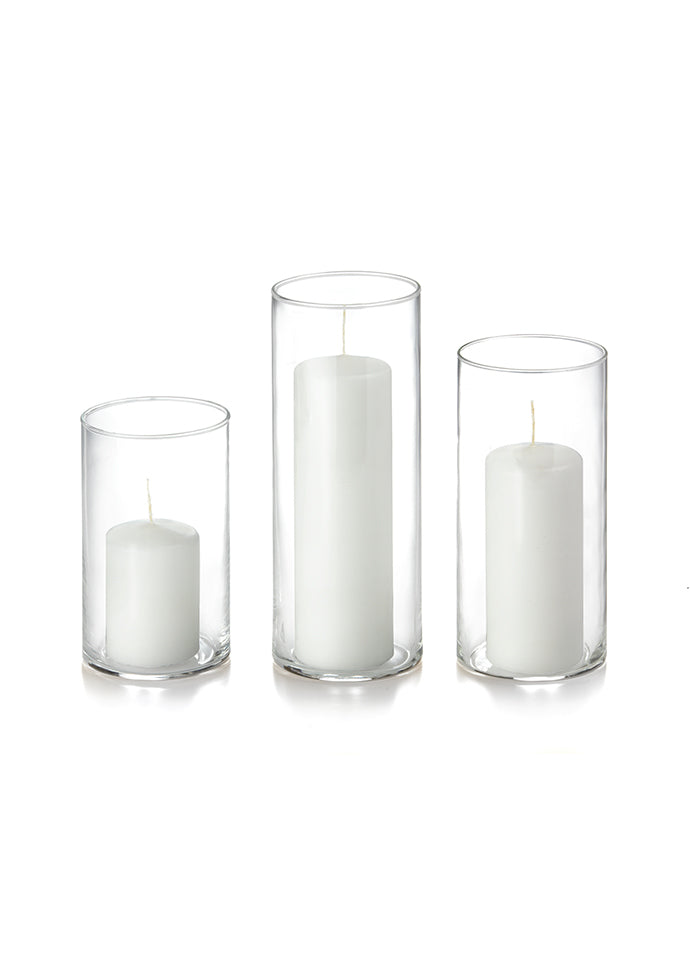 12 Slim Pillar Candles and Cylinder Vases